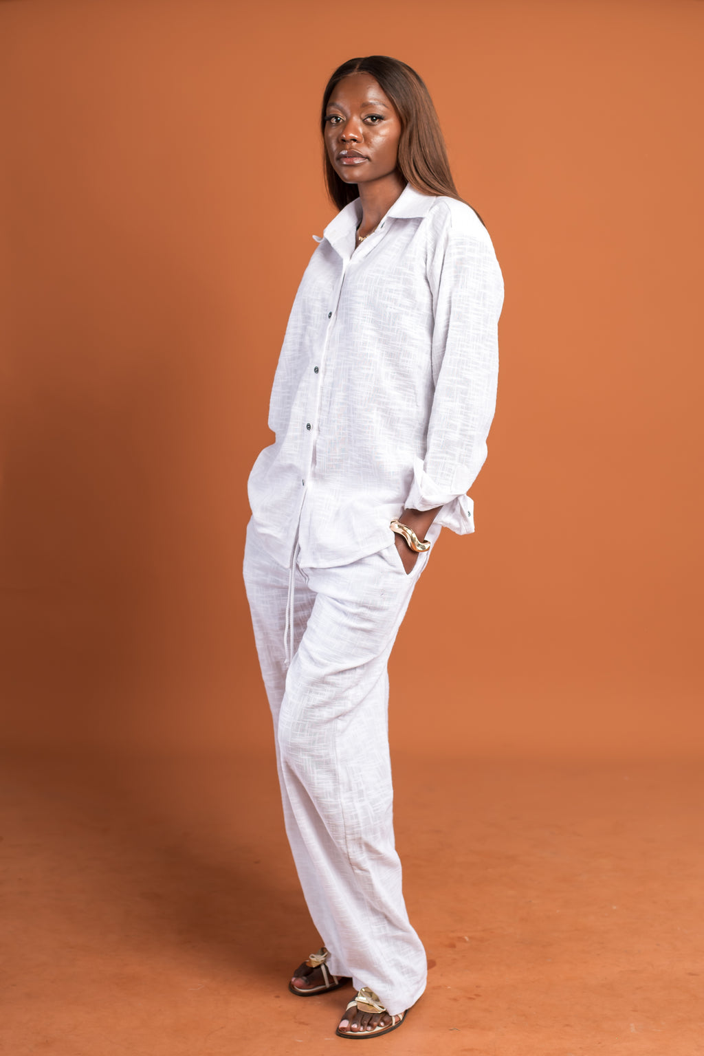White linen pants set